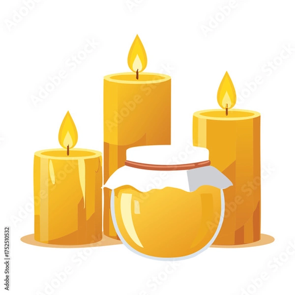 Fototapeta Group of Yellow Lit Candles and Glass Jars of Golden Honey, Creating a Warm and Sweet Ambiance - Vector Illustration