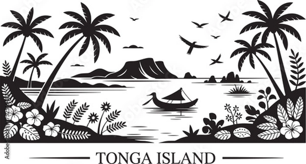 Fototapeta Tonga Island Tropical Landscape Silhouette Vector Ocean Scene with Palm Trees and Traditional Boat