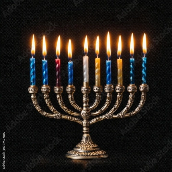 Fototapeta Hanukkah menorah fully lit against black background, editorial festive photograph highlighting tradition, spirituality, and the warm glow of Jewish holiday culture