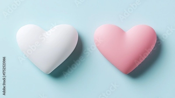 Obraz Two simple hearts, one white and one pink, floating on a gradient background
