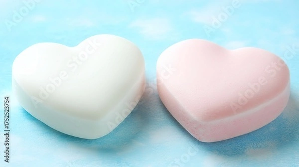 Obraz Two simple hearts, one white and one pink, floating on a gradient background
