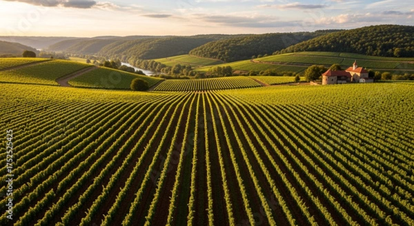 Obraz Aerial view of a vineyard in the wachau region of austria, with rows of grapevines stretching across rolling hills and a picturesque village in the distance