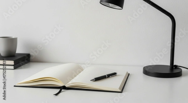 Obraz Open notebook with a pen on a white desk next to a lamp and a cup, isolated on white background, creating a clean workspace