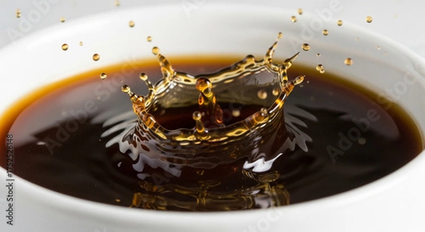 Obraz Soy sauce splash in a white bowl, capturing the dynamic moment of impact and creating a visually appealing and appetizing image