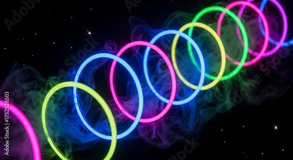 Obraz Neon circles on a black background with smoke, creating a vibrant and modern abstract design with glowing rings and colorful lights