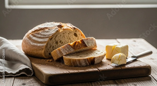 Obraz Rustic sourdough bread loaf with butter on a wooden cutting board, illuminated by natural light from a nearby window, creating a cozy atmosphere