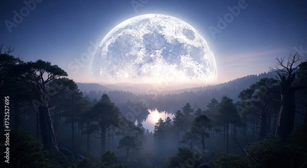 Obraz Majestic full moon rising over a misty forest landscape, creating a serene and magical atmosphere with a sense of wonder and tranquility