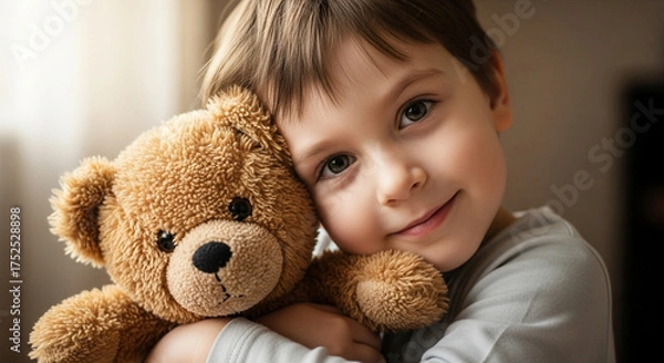 Fototapeta A sweet little boy with a teddy bear smiles gently at the camera, his eyes full of warmth and affection, creating a heartwarming portrait