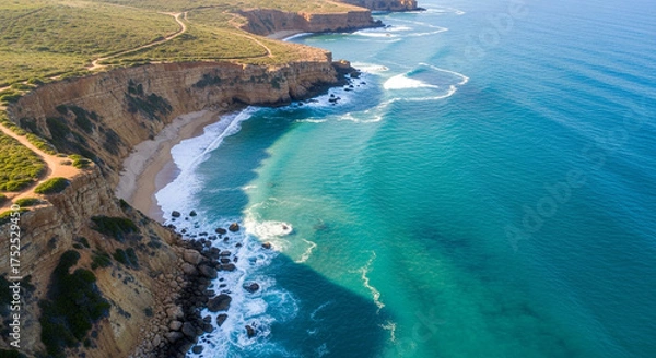 Fototapeta Aerial view of a rugged coastline with turquoise water and sandy beach along the great ocean road in australia, showcasing the natural beauty