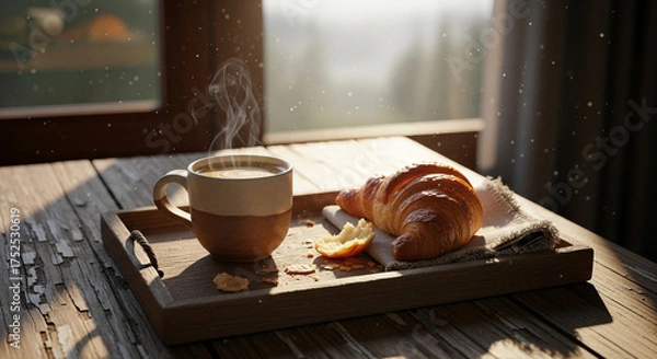 Fototapeta Cozy morning scene featuring a cup of coffee and a croissant on a wooden tray by a window, with soft sunlight and a blurred background