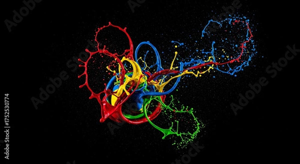 Obraz Colorful paint splash art on a black background, creating a vibrant and dynamic abstract composition with red, yellow, blue, and green hues