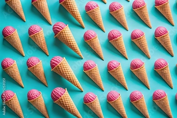 Obraz Delicious Pink Ice Cream Cones on a Teal Background A Sweet Summer Pattern