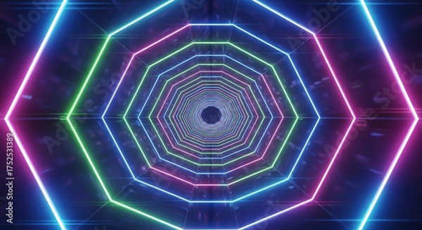 Obraz Abstract neon tunnel with geometric shapes, creating a futuristic and immersive experience, perfect for backgrounds and visual effects in digital art