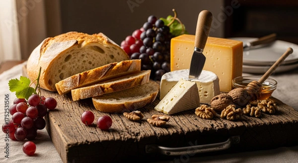 Obraz Delicious cheese board featuring a variety of cheeses, grapes, bread, walnuts, and honey, creating a delightful and appetizing culinary display