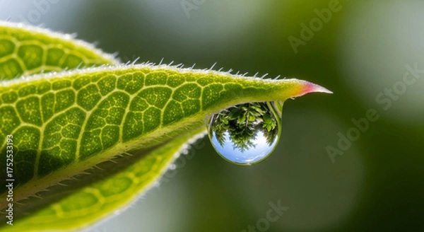 Fototapeta Closeup of a water droplet clinging to the edge of a vibrant green leaf, reflecting a miniature world within its delicate form