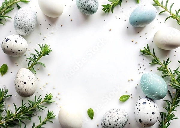 Obraz Pastel Easter Eggs with Rosemary Twigs on White Background Copy Space for Text Invitation Card Concept