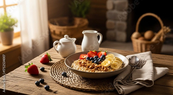 Obraz Delicious and healthy breakfast oatmeal with fresh fruits and berries on a rustic wooden table in a cozy setting, perfect for a nutritious start