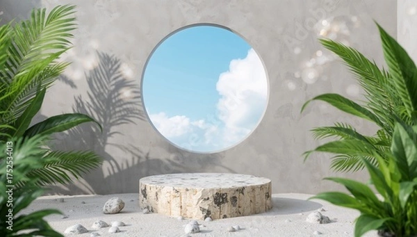 Obraz Minimalist Product Display Platform with Tropical Plants and a Sky View Circle Portal Beautiful Scene