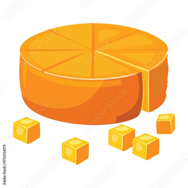 Obraz A large, round wheel of orange cheddar cheese accompanied by perfectly cut small cubes for a party or tasting event - Vector Illustration