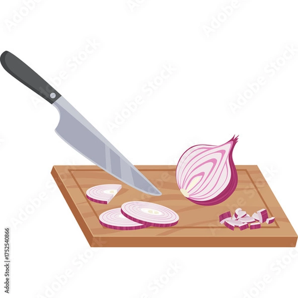 Obraz Pixel Art Chef Knife Slicing Red Onion on Wooden Cutting Board with Transparent Background Illustration