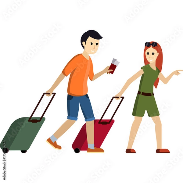 Obraz Pixel Art Couple With Luggage Traveling Together On A White Background With Passport And Tickets For A Journey And Vacation