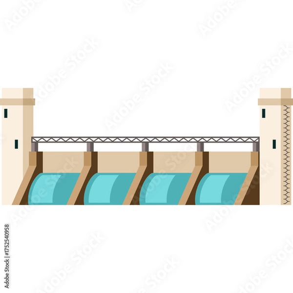 Obraz Pixel Art Dam Structure With Water Flowing Through Spillways And Towers On A White Background