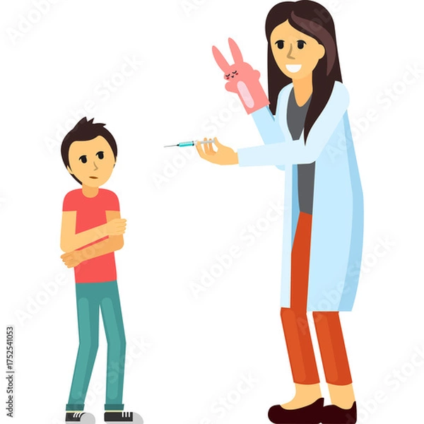Obraz Pixel Art Illustration of a Concerned Boy Receiving a Vaccination from a Cheerful Doctor Holding a Syringe and Pink Bunny Puppet on Transparent Background