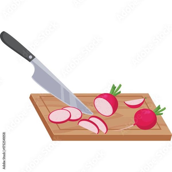 Obraz Pixel Art Illustration Of A Chef Knife Slicing Radishes On A Wooden Cutting Board With A Transparent Background
