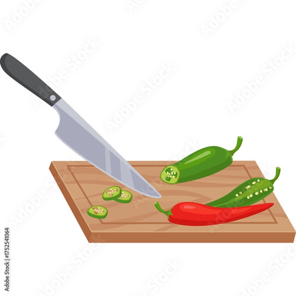 Obraz Pixel art illustration of a kitchen knife slicing red and green jalapeno peppers on a wooden cutting board against a transparent background