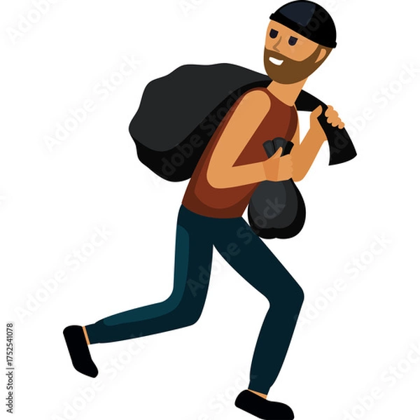 Obraz Pixel Art Illustration Of A Male Character Wearing A Beanie And Holding A Large Black Sack And A Small Black Bag While Running With A Transparent Background