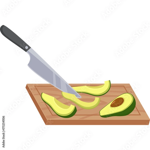 Obraz Pixel Art Illustration of a Sharp Silver Knife Slicing a Ripe Green Avocado on a Wooden Cutting Board with Slices Scattered Across the Surface Against a Transparent White Background