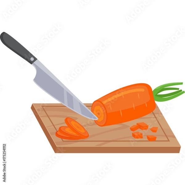 Obraz Pixel art illustration of a whole carrot and sliced carrot on a wooden cutting board with a knife preparing to board white background