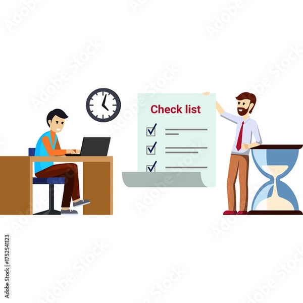 Obraz Pixel Art Illustration of Two Men Reviewing a Checklist and an Hourglass in an Office Setting with a Clock on the Wall