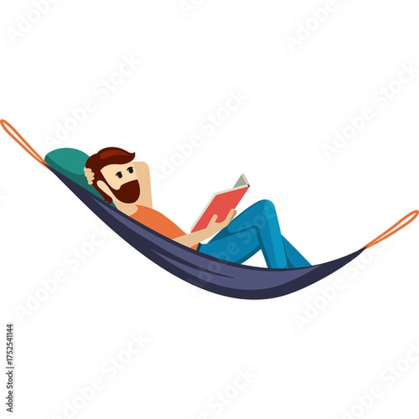 Obraz Pixel Art Man Relaxing Reading Book In Hammock With Green Pillow Orange Shirt Blue Pants
