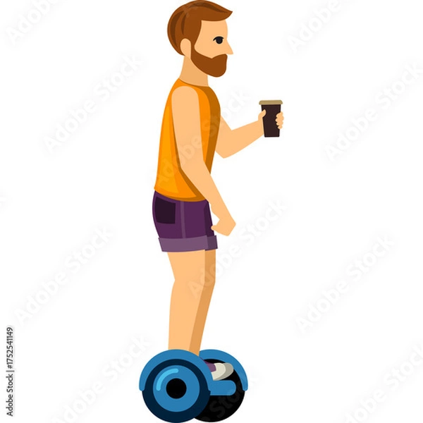 Obraz Pixel Art Man With Beard Wearing Orange Tank Top And Purple Shorts Riding A Blue Segway Holding A Dark Beverage In His Hand On A White Background