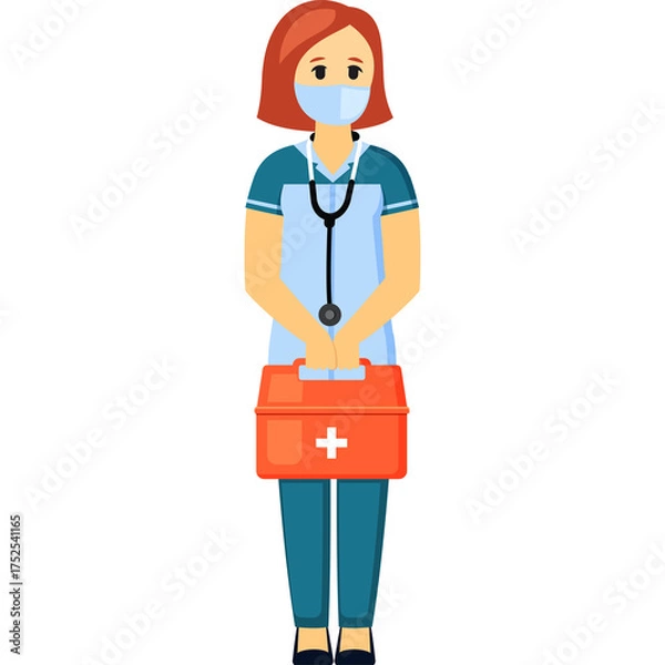 Obraz Pixel Art Medic With Stethoscope And First Aid Kit Wearing Mask White Background Standing Professional Healthcare Worker Illustration