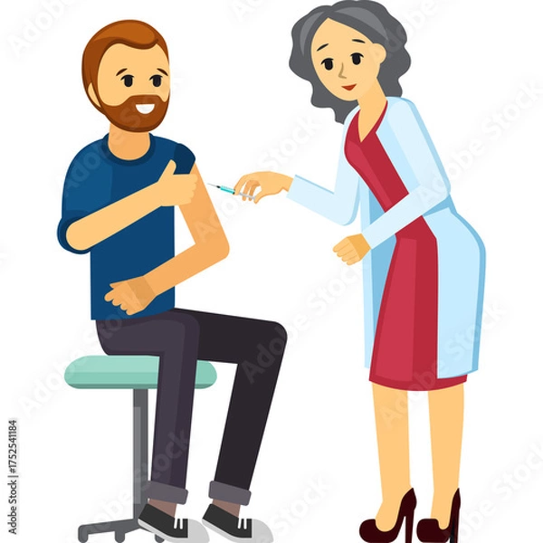 Obraz Pixel art of a smiling man with beard receiving vaccination from a female healthcare professional in a white coat holding a syringe with a blue liquid in a medical clinic with a white background