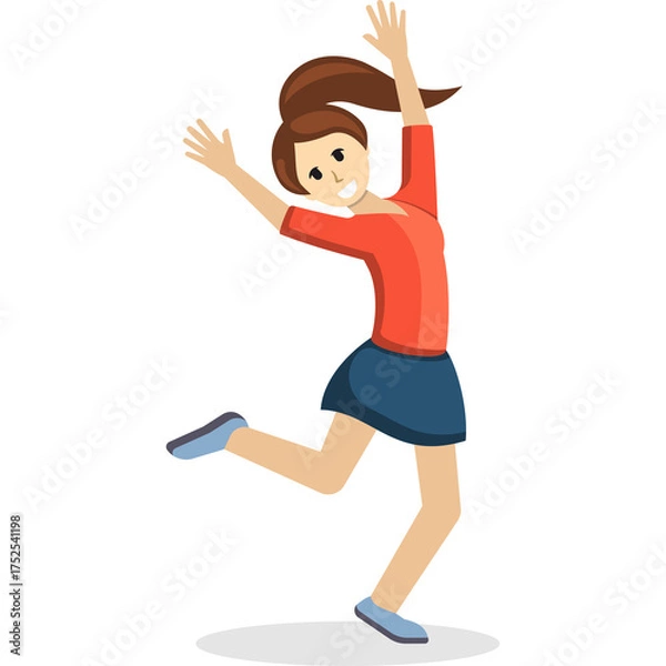 Obraz Pixel Art of a Young Woman with Brown Hair in a Ponytail Smiling and Jumping with Arms Raised in a Red Shirt and Blue Skirt