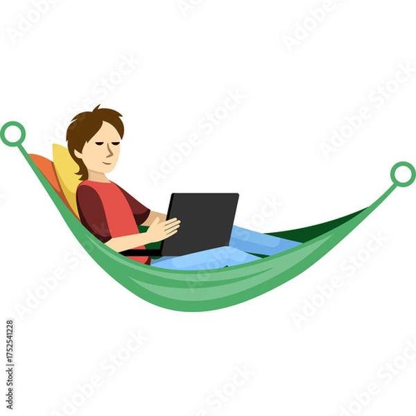 Obraz Pixel Art Person Relaxing In A Green Hammock Using A Laptop Computer With A Yellow Pillow And A Red Shirt And Blue Jeans On A Transparent Background