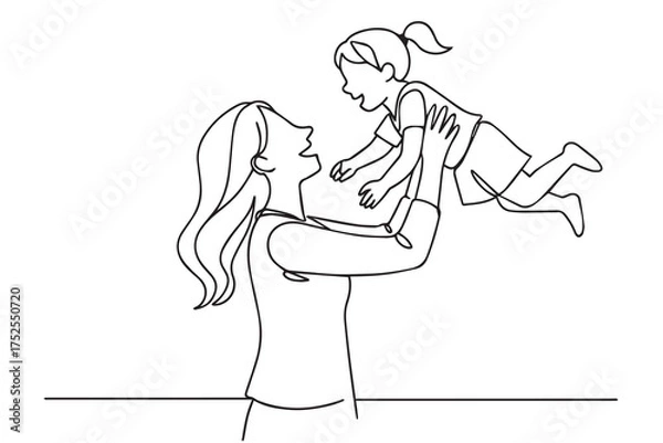 Fototapeta Black and white vector artwork of a mother playing while lifting her daughter, drawn with one continuous line showing affection and gentle connection.