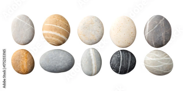 Fototapeta Assortment of Smooth Polished Stones with Natural Stripes and Textures on Black Backdrop Featuring Various Geological Patterns