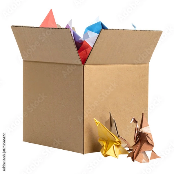 Obraz Colorful origami cranes fill an open cardboard box with more outside.