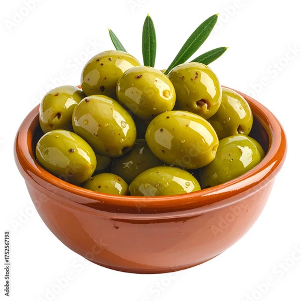 Obraz Green olives with water droplets sit in a ceramic bowl with leaves.