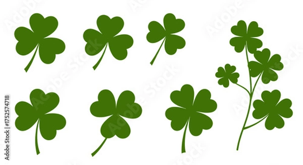 Fototapeta A collection of detailed illustrations depicting various lucky four leaf clover plants.