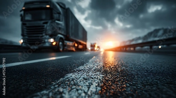 Fototapeta Modern logistics background with highway road and distant truck, left side blank smooth area for text or branding, suitable for freight, transport and delivery business design.