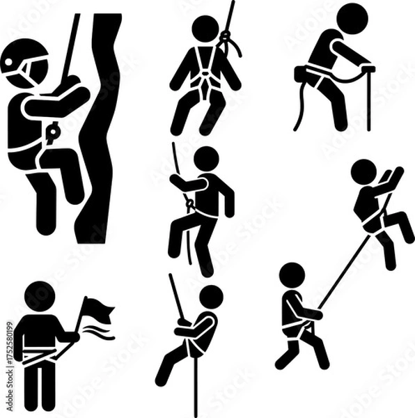 Obraz Rock Climbing, Mountaineering, and Rope Activity Stick Figure Pictograms