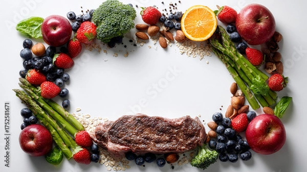 Obraz A variety of fresh vegetables and raw meat on a white background. Generative AI.