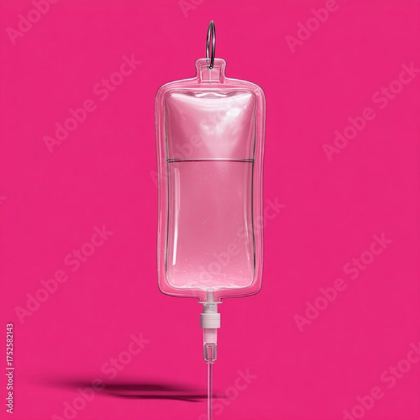 Obraz Medical iv bag with blue fluid, isolated on pink background