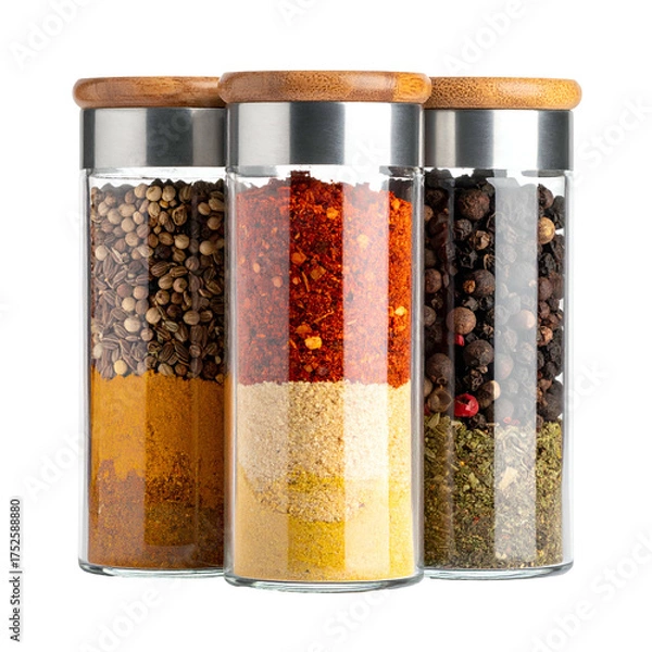 Obraz Three glass jars filled with various spices sit on a black background.