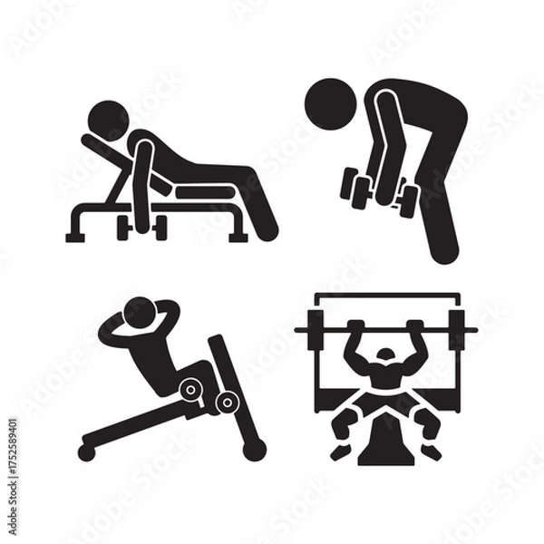 Obraz Set of four simple black and white icons representing different weightlifting exercises